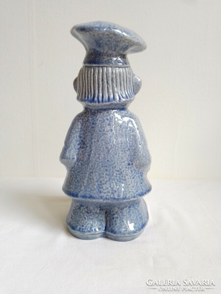 Blue gray glazed porcelain chef figurine with chef's hat, wooden spoon holder, funny kitchen decoration