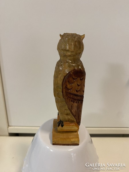 Bagoly-gyűjteményből  Régi tömör kézzel faragott fa bagoly dísz mini szobor 13,5 cm