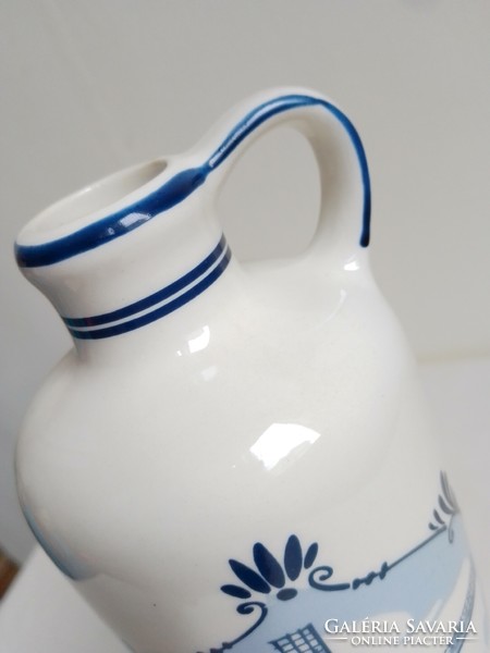 Régi holland kék fehér mázas porcelán Blue Delft jelzett Bols italos palack flaska 26 cm szélmalom