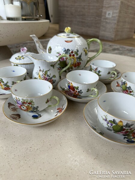 Herend fruit pattern cappuccino/tea set. Extra richly painted, with a tendril handle.