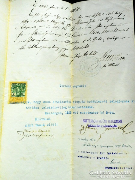 Kötelezvény banki hitelfelvételhez (Esztergom 1909) 38 fillér + 2 korona illeték