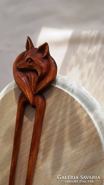 Fox pattern hairpin, hair ornament carved from maple wood