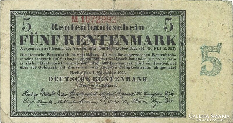 5 Rentenmark 1923 7 digit serial number Germany rare
