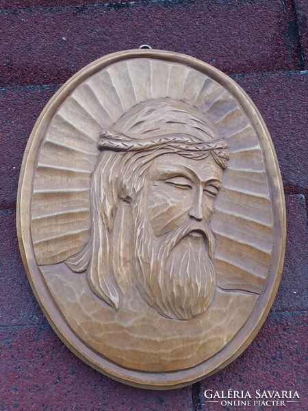 Carved wooden icon - jesus head wood carving