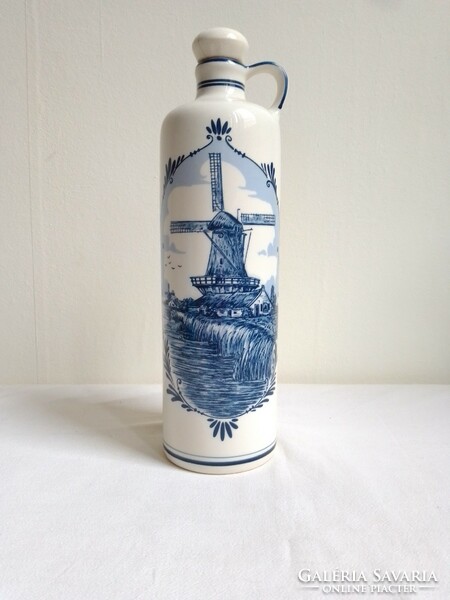 Old Dutch blue white glazed porcelain blue delft marked bols drink bottle flask 26 cm windmill