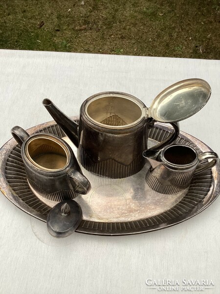 Art deco silver-plated tray with Sandrik mark with teapot and cake holder.