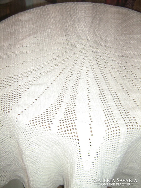 Beautiful crocheted beige floral oval needlework tablecloth