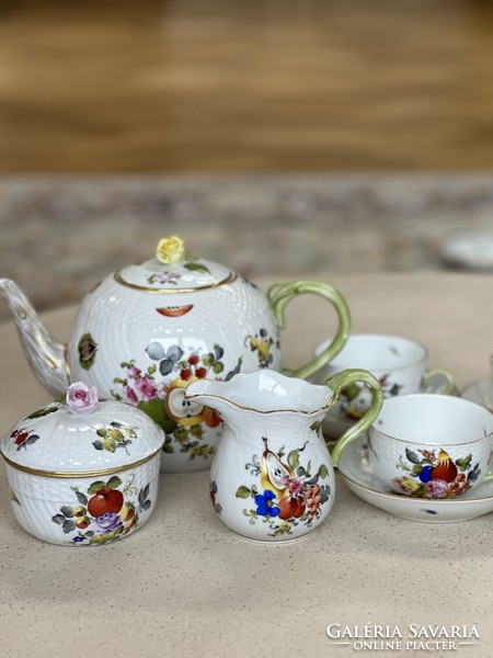 Herend fruit pattern cappuccino/tea set. Extra richly painted, with a tendril handle.