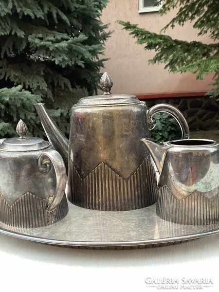 Art deco silver-plated tray with Sandrik mark with teapot and cake holder.