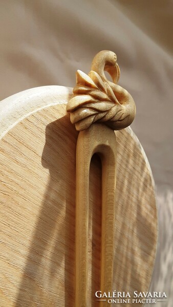 Hairpin, hair ornament carved from maple wood with water bird pattern