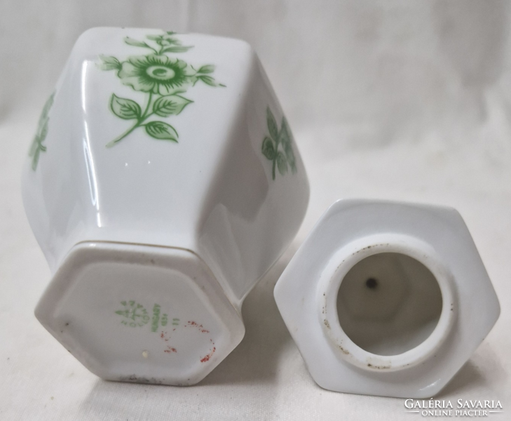 Hollóházi zöld virágmintás porcelán fedeles váza hibátlan állapotban