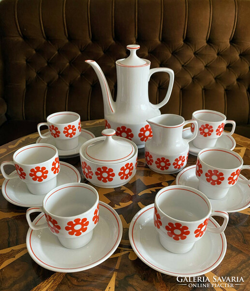 Red floral, decorative, retro Hólloháza porcelain coffee - mocha - complete set