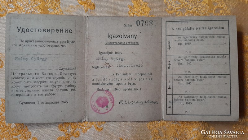 Igazolvány, kijarási engedély 1945.