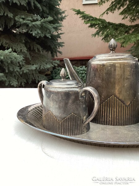Art deco silver-plated tray with Sandrik mark with teapot and cake holder.