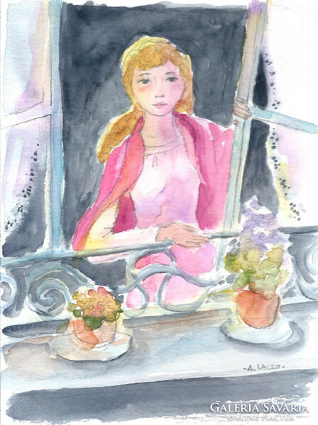 In the window - contemporary painter/graphic artist agnes laczó, original watercolor painting on paper flowers