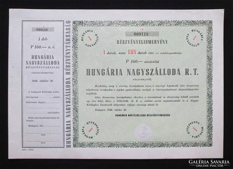 Hungária Nagyszálloda Részvénytársaság részvény elismervény 160 pengő 1946