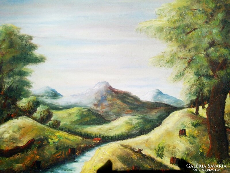Contemporary artwork in oil-canvas painting pair. Among the hills. With a golden sign