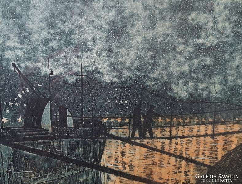 Summer time clock: jetty on the Danube in the evening (color etching) summer 1960s - waterfront cityscape, Budapest
