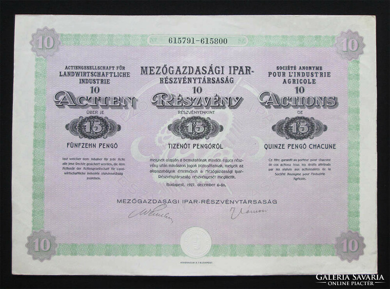 Mezőgazdasági Ipar Részvénytársaság részvény 10x15 pengő 1927