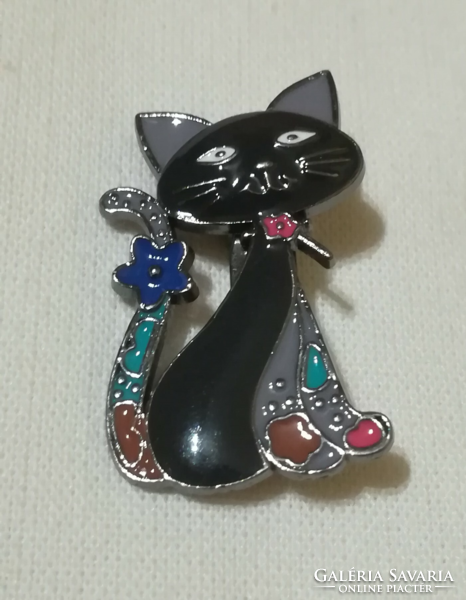Black cat, enameled brooch.