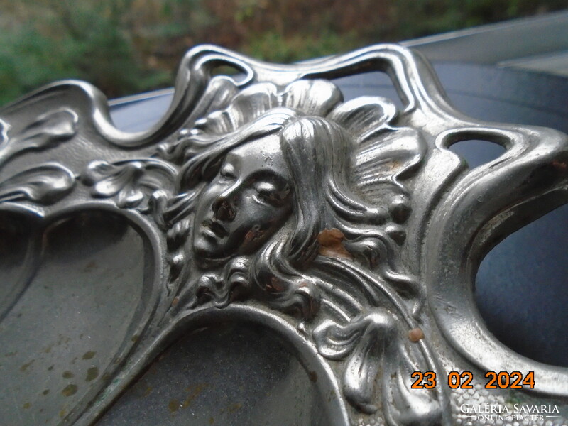 Art Nouveau handmade wall decoration crumb tray with repoussé lady's head and flowers