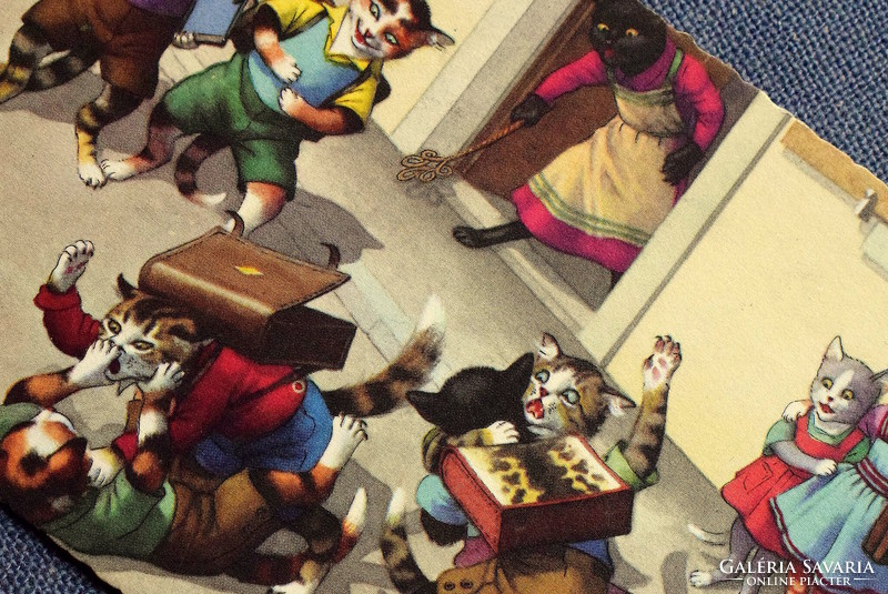 Régi retro humoros grafikus képeslap cica  verekedés az iskolánál