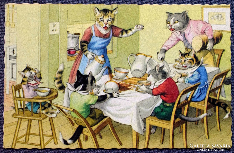 Old retro humorous graphic postcard cat family at the breakfast table