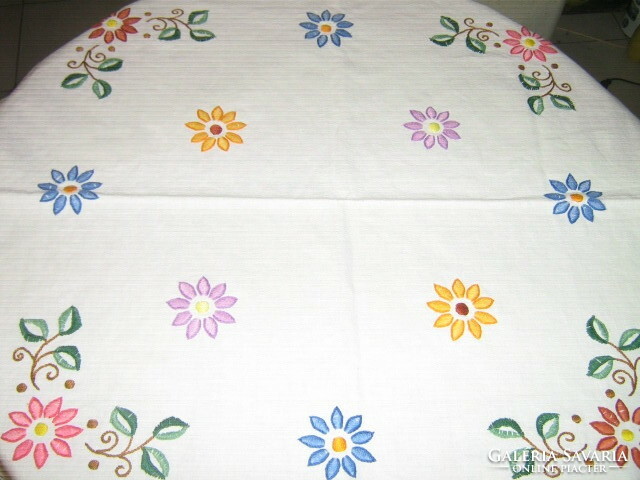 Beautiful hand-embroidered antique lace-edged colorful floral woven linen tablecloth