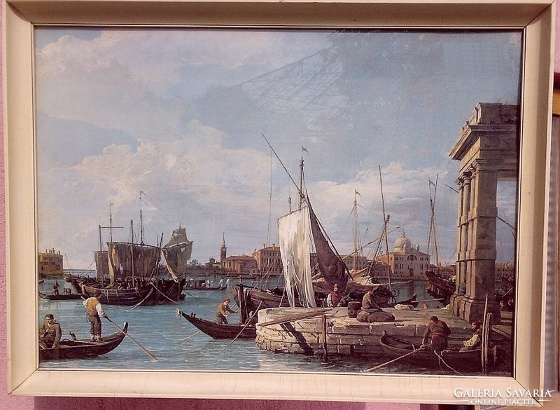 A print of his painting Canaletto: la punta della dogana in a glazed frame