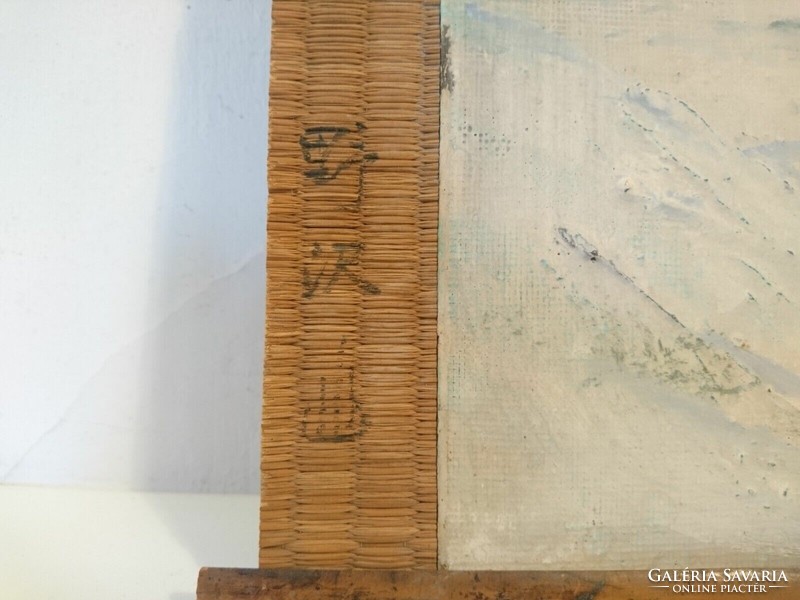 Régi japán tájkép festmény, vászon fatáblán, bambusz keret, tempera? - szignózott