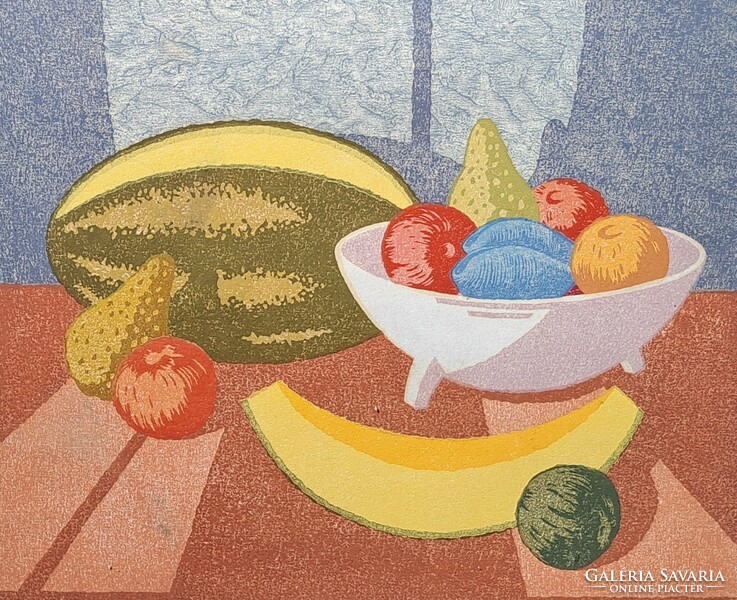 Sándor Jánosi: still life (framed color graphic) fruits on the table, bananas, melons, pears