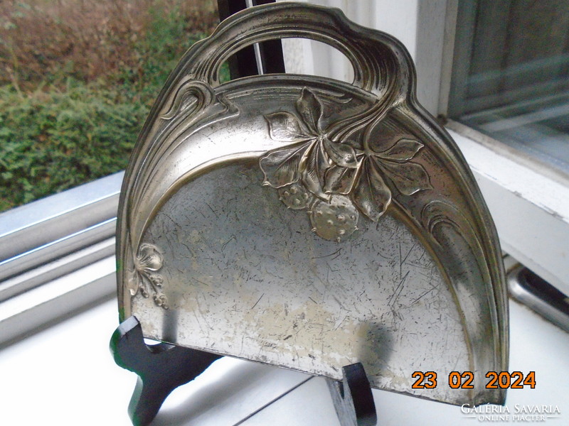 Silver-plated Art Nouveau handmade wall decoration crumb tray decorated with repoussé fruit and flowers