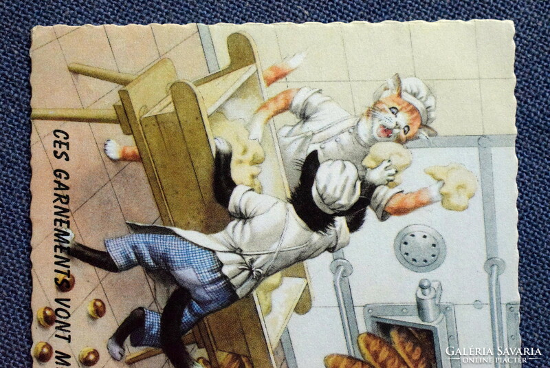 Old retro humorous graphic postcard cat bakery, bread kneading