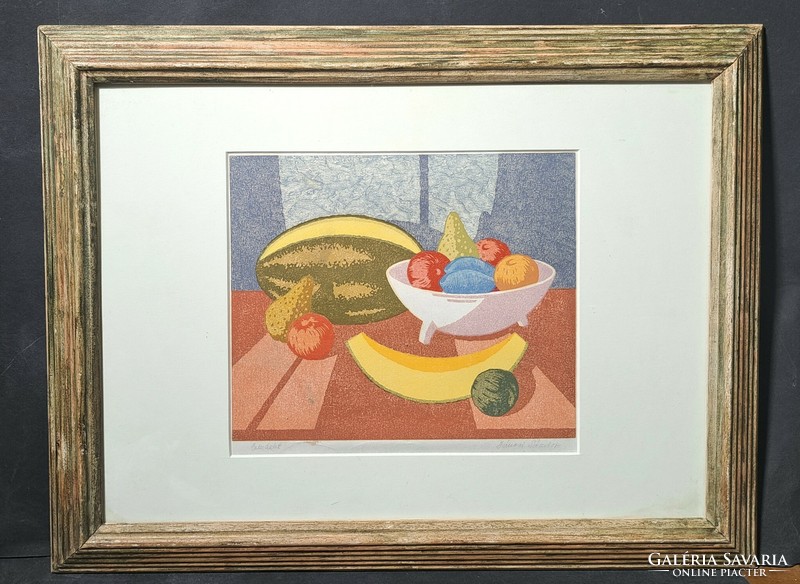 Jánosi Sándor: Csendélet (keretezett színes grafika) gyümölcsök az asztalon, banán, dinnye, körte