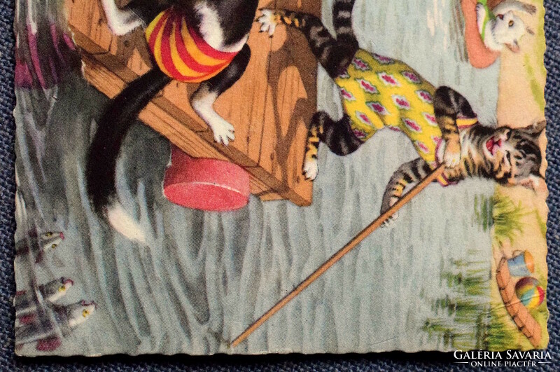 Régi retro humoros grafikus képeslap cica  - vízibaleset