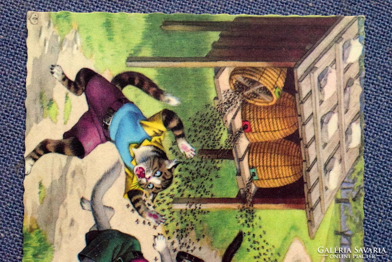 Régi retro humoros grafikus képeslap cica  - méhkas , menekülés