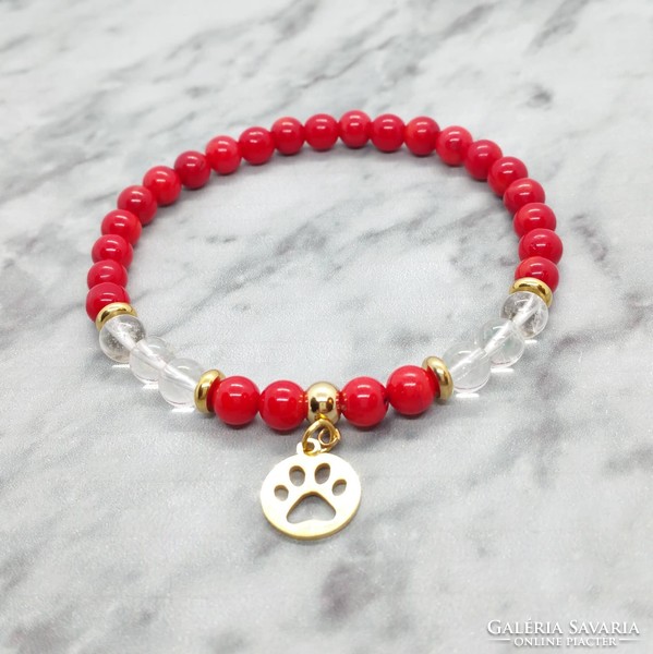 Coral and rock crystal mineral bracelet with stainless steel spacer