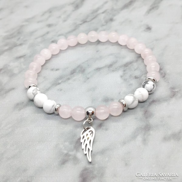 Rose quartz and howlite mineral bracelet with stainless steel spacer