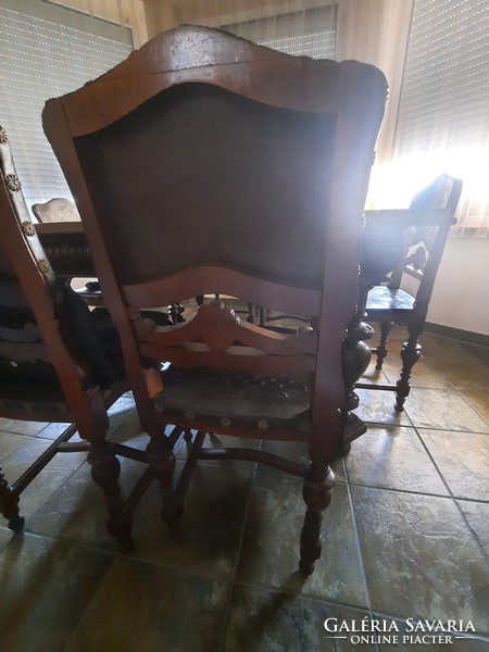 Dining set. German pewter dining table and 6 Viennese baroque chairs.