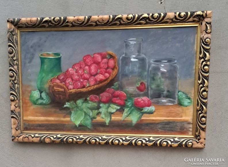 Hugó Poll (1867 - 1931) still life pastel paper. With its original defective frame.