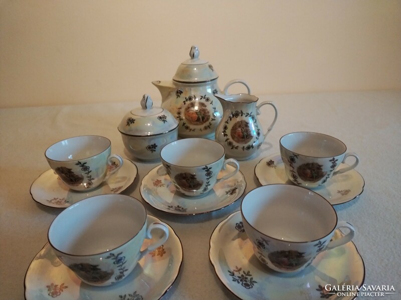 Lüsztermázas, jelenetes német Kahla porcelán teás készlet