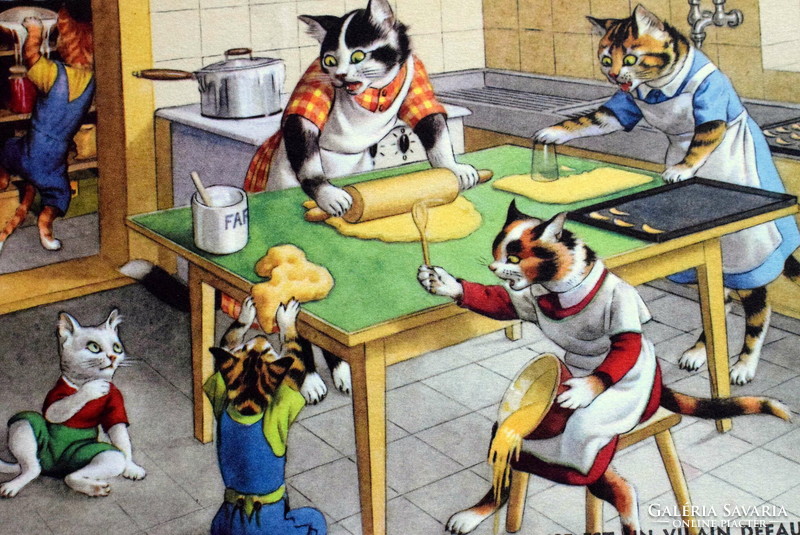 Régi retro humoros grafikus képeslap cica  család  - konyha , süteménysütés