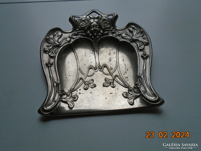 Art Nouveau handmade wall decoration crumb tray with repoussé lady's head and flowers
