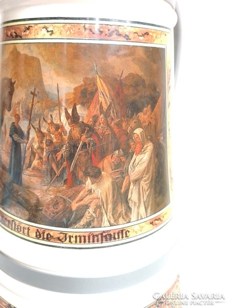 Huge 2 l German glass beer krigli jug demizson Great Charlemagne scene with metal handle and buckled lid