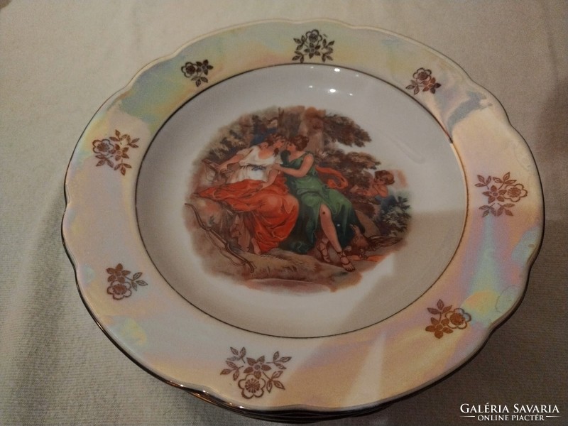 Luster-glazed, scenic German Kahla porcelain tableware