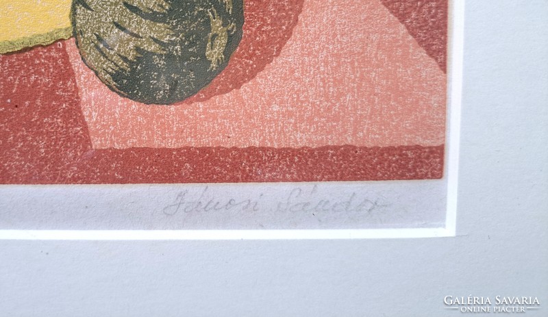 Jánosi Sándor: Csendélet (keretezett színes grafika) gyümölcsök az asztalon, banán, dinnye, körte