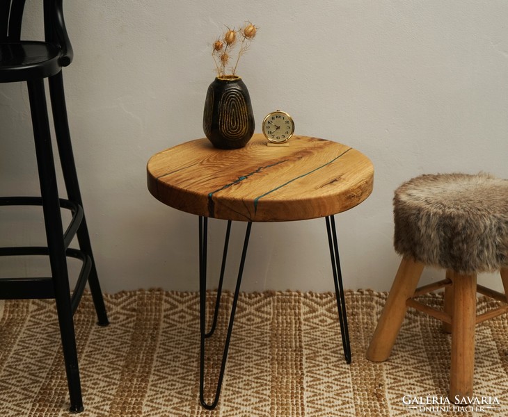 Solid oak and epoxy coffee table / with hairpin legs