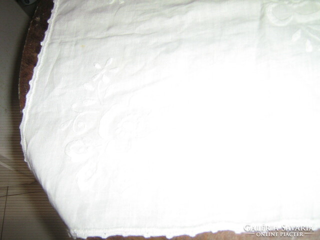 Beautiful handmade antique off-white canvas tablecloth running with white flowers