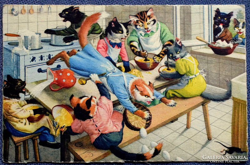 Régi retro humoros grafikus képeslap cica  család a konyhában