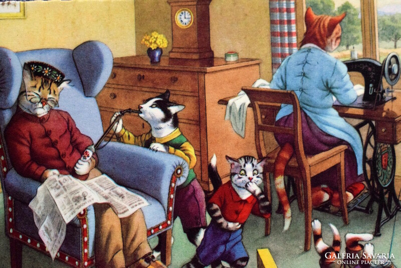 Old retro humorous graphic postcard cat family, grandmother sewing, grandfather sleeping..